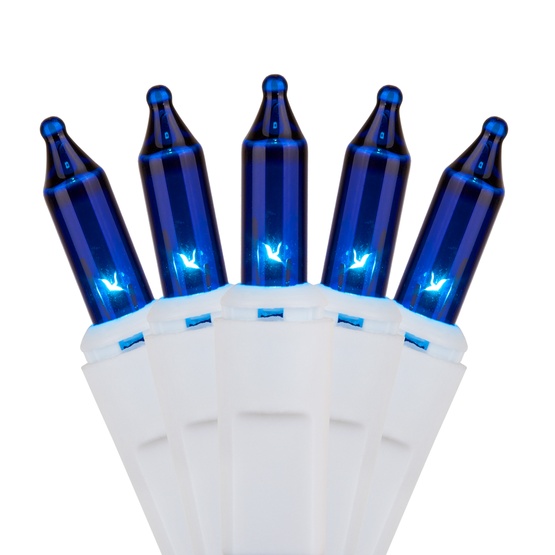 100 Blue Christmas Tree Mini Lights, 2.5" Spacing, White Wire