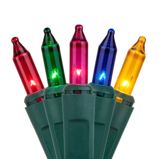 50 Multi Color Christmas Tree Mini Lights, 4" Spacing, Green Wire