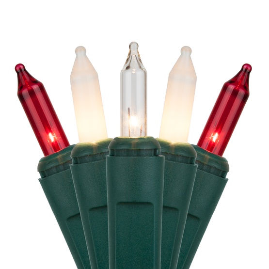 50 Red, Clear, White Frost Christmas Tree Mini Lights, 6" Spacing, Green Wire