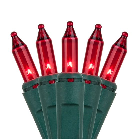 50 Red Christmas Tree Mini Lights, 6" Spacing, Green Wire